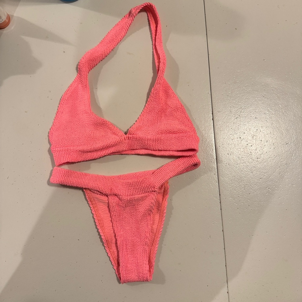 Neon pink scrunchy bound by bond eye halter bikini set one size like Hunza G